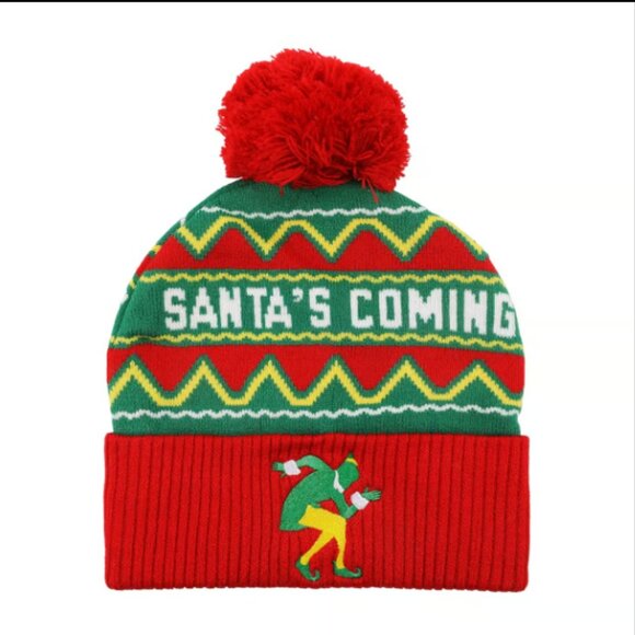 Buddy thge Elf Santa's Coming Red & Green Pom Pom Beanie Hat - Picture 1 of 6